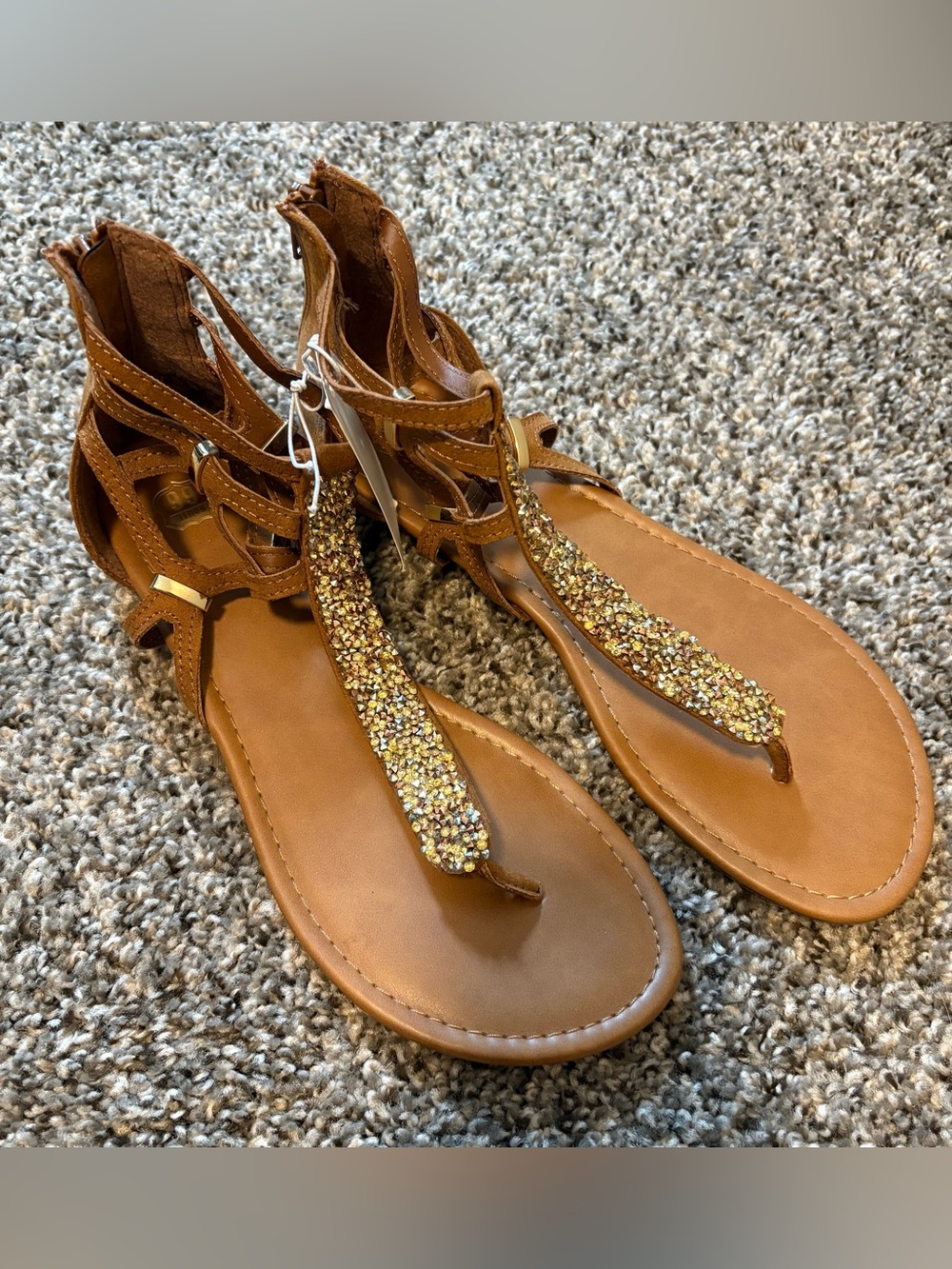 Women's Brown T-Strap Sandals with Gold Glitter Accents